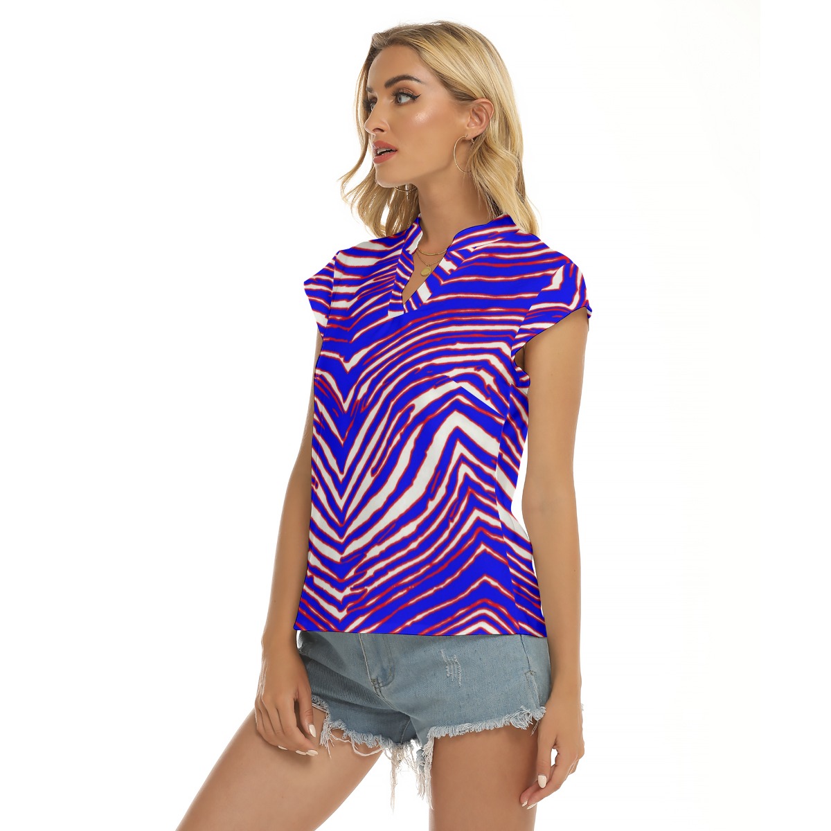 Buffalo Bills Zubaz All-Over Print Women's Stacked V-neck Short Sleeve Blouse - Image 2