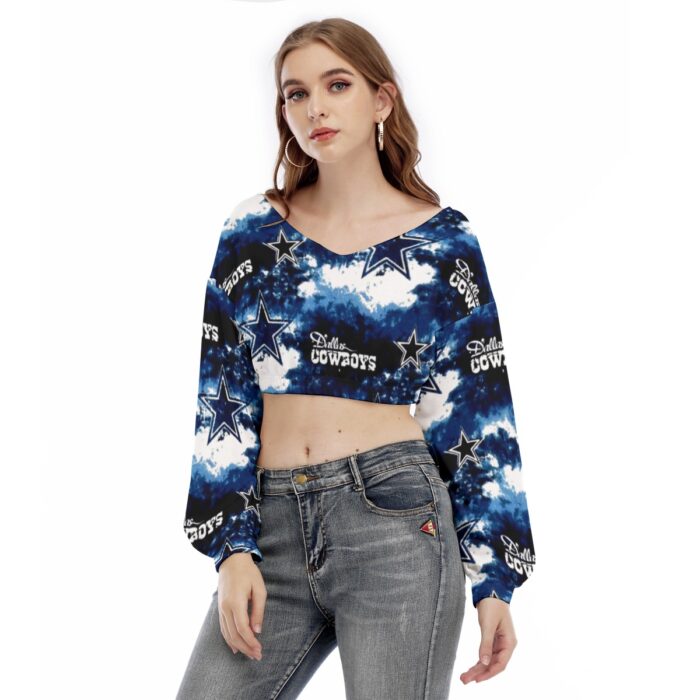 Dallas Cowboys Zubaz All-Over Print Women's V-neck Long Sleeve Cropped Sweatshirt - Image 3