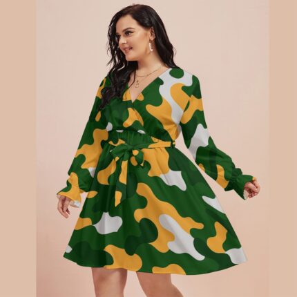Green Bay Packers All-Over Print Women's V-neck Dress With Waistband(Plus Size)