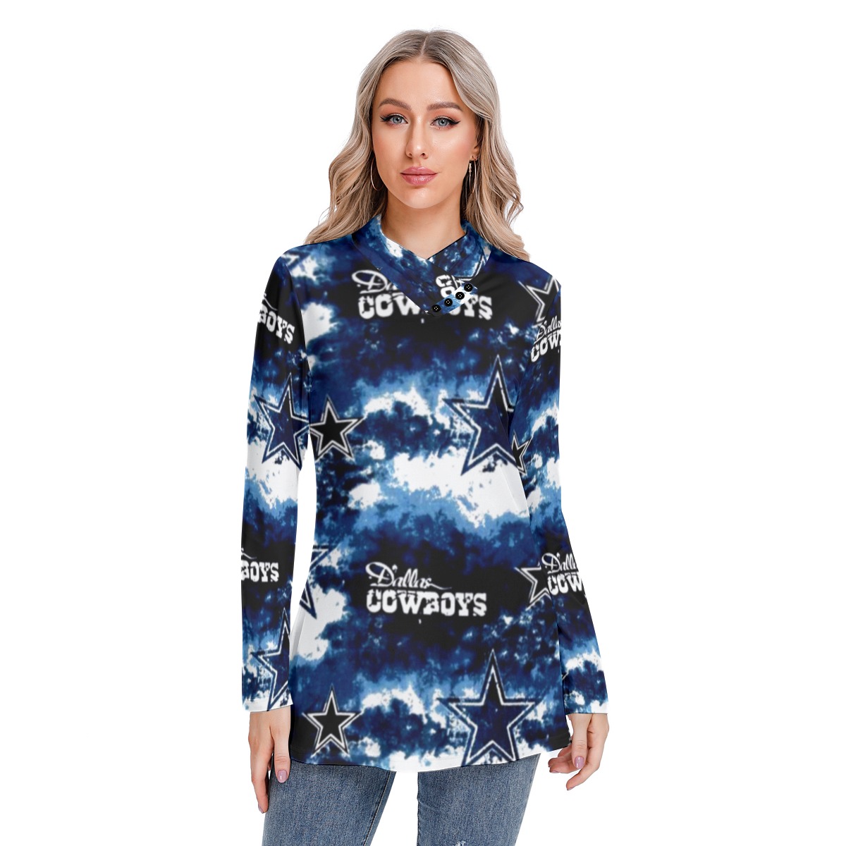Dallas Cowboys Zubaz All-Over Print Women's Long-sleeved Heap-neck Slim Casual Tunic Blouse - Image 3