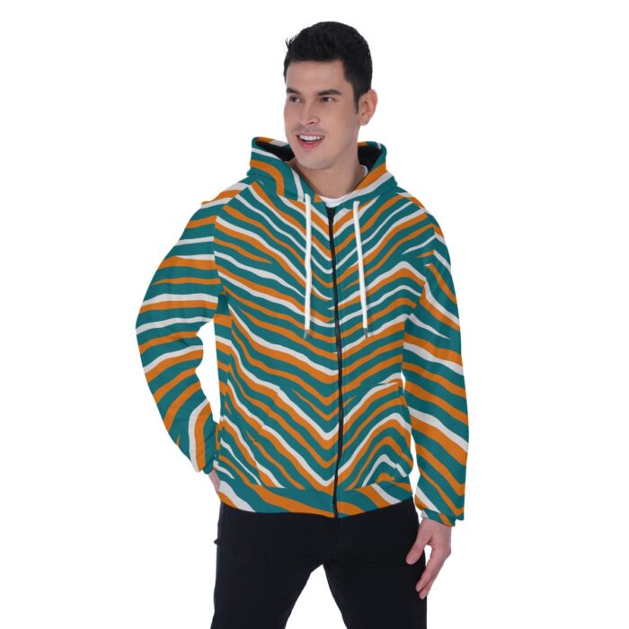 Miami Dolphins Zubaz All-Over Print Men's Heavy Fleece Raglan Zip Up Hoodie With Pocket - Image 1