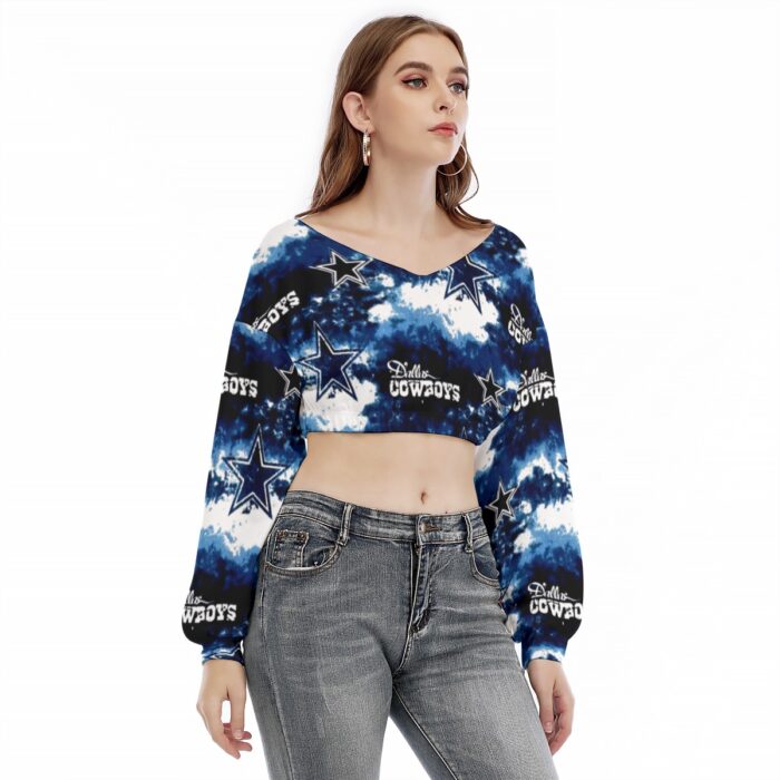 Dallas Cowboys Zubaz All-Over Print Women's V-neck Long Sleeve Cropped Sweatshirt - Image 2