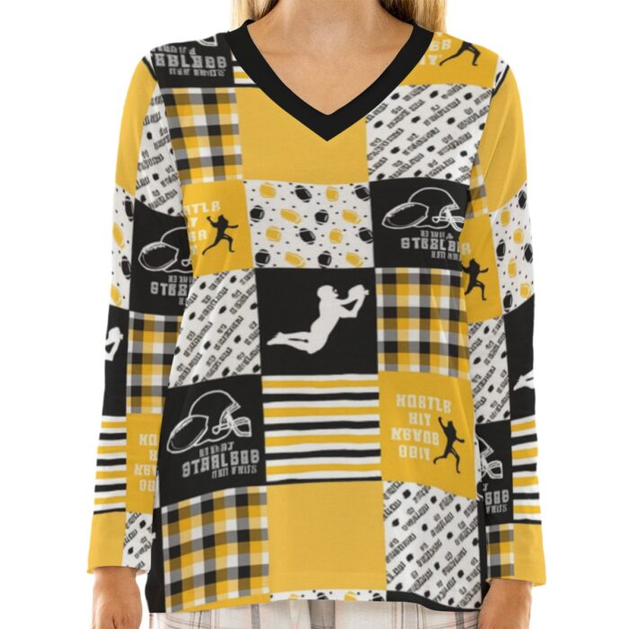 Pittsburgh Steelers Zubaz All-Over Print Women's Loose V-Neck T-Shirt With Long Sleeve - Image 1