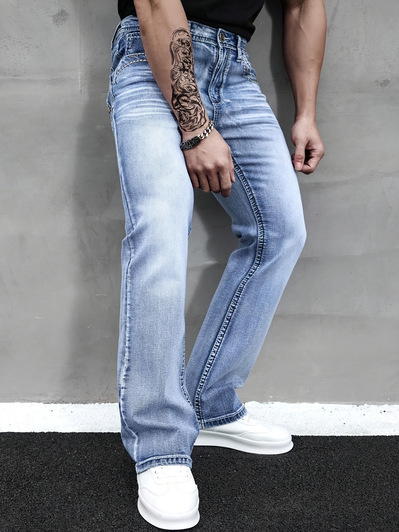 ESDVQ Men's Slim-Fit Vintage Washed Light