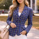 Women’s college-inspired plaid blazer in blue and yellow