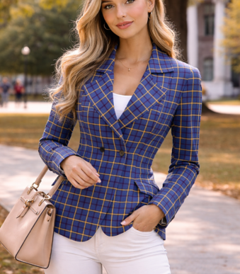 Women’s college-inspired plaid blazer in blue and yellow