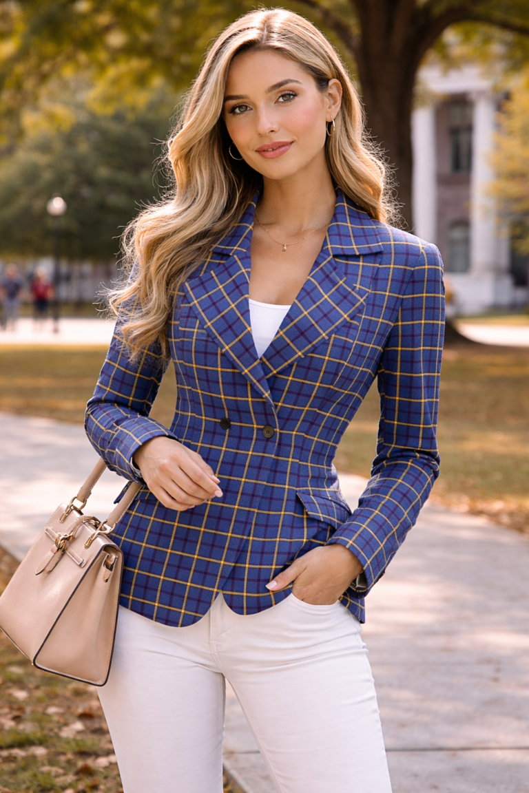 Women’s college-inspired plaid blazer in blue and yellow