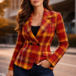 Heritage tartan plaid pattern blazer inspired by California Trojan colors Powerful cardinal red and golden yellow palette with rich contrast Flat lapel collar with a flattering, feminine cut