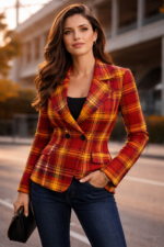 Heritage tartan plaid pattern blazer inspired by California Trojan colors Powerful cardinal red and golden yellow palette with rich contrast Flat lapel collar with a flattering, feminine cut
