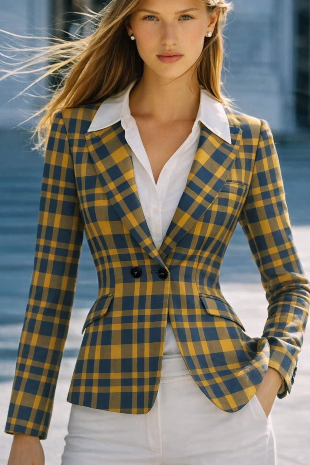 California inspired women blazer blue gold plaid blaze California Los Angeles Inspired Women’s College Blazer – Blue & Gold Plaid - Image 1