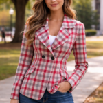Women’s college-inspired plaid blazer in red and gray with tailored fit