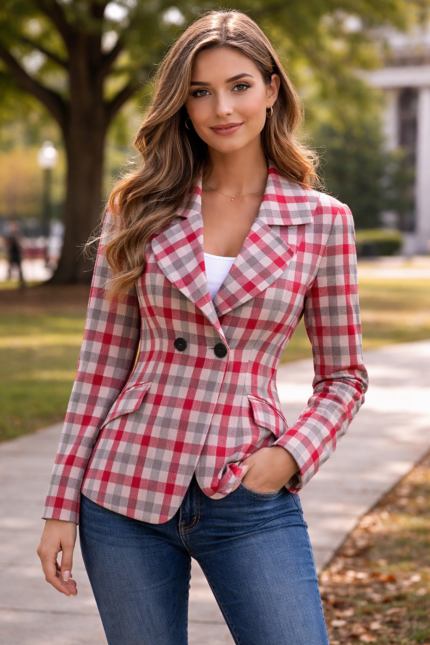 Women’s college-inspired plaid blazer in red and gray with tailored fit