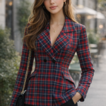 Red and navy plaid women college blazer