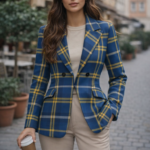california inspired women blazer blue gold tartan plaid blazer