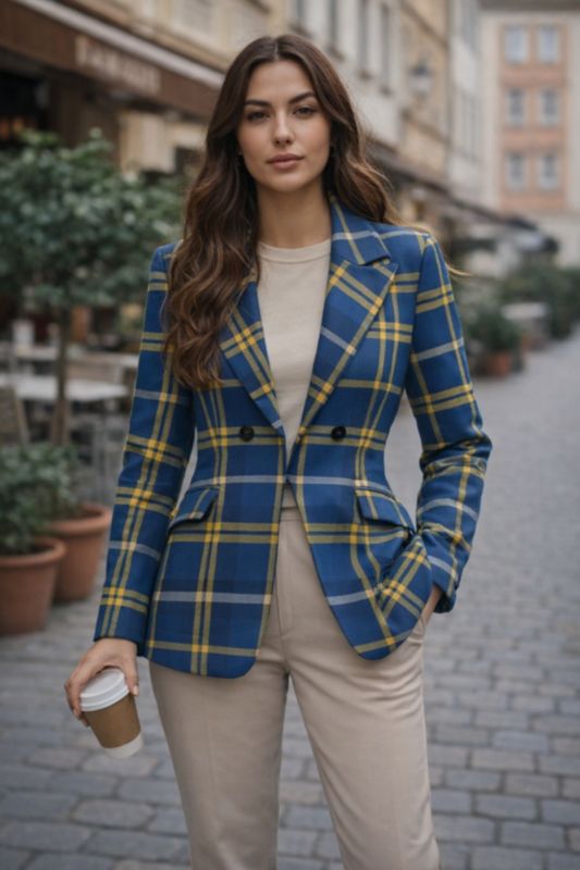 california inspired women blazer blue gold tartan plaid blazer