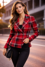 deep red tones layered with bold black and crisp white plaid lines women blazer