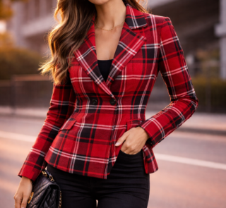 deep red tones layered with bold black and crisp white plaid lines women blazer
