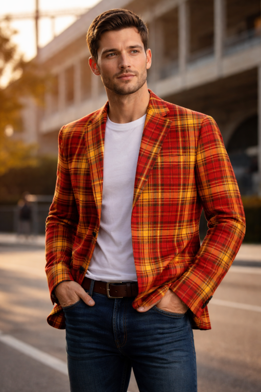deep cardinal red layered with rich golden yellow and subtle dark accent men blazer