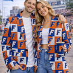 Florida Gators All-Over Print Casual Flat Lapel Collar Blazer – Royal Blue and Orange