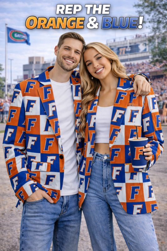 Florida Gators Casual Flat Lapel Collar Blazer – Royal Blue and Orange College Football Statement Jacket