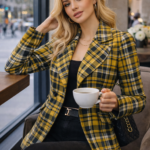 yellow, black, and neutral tartan plaid women blazer