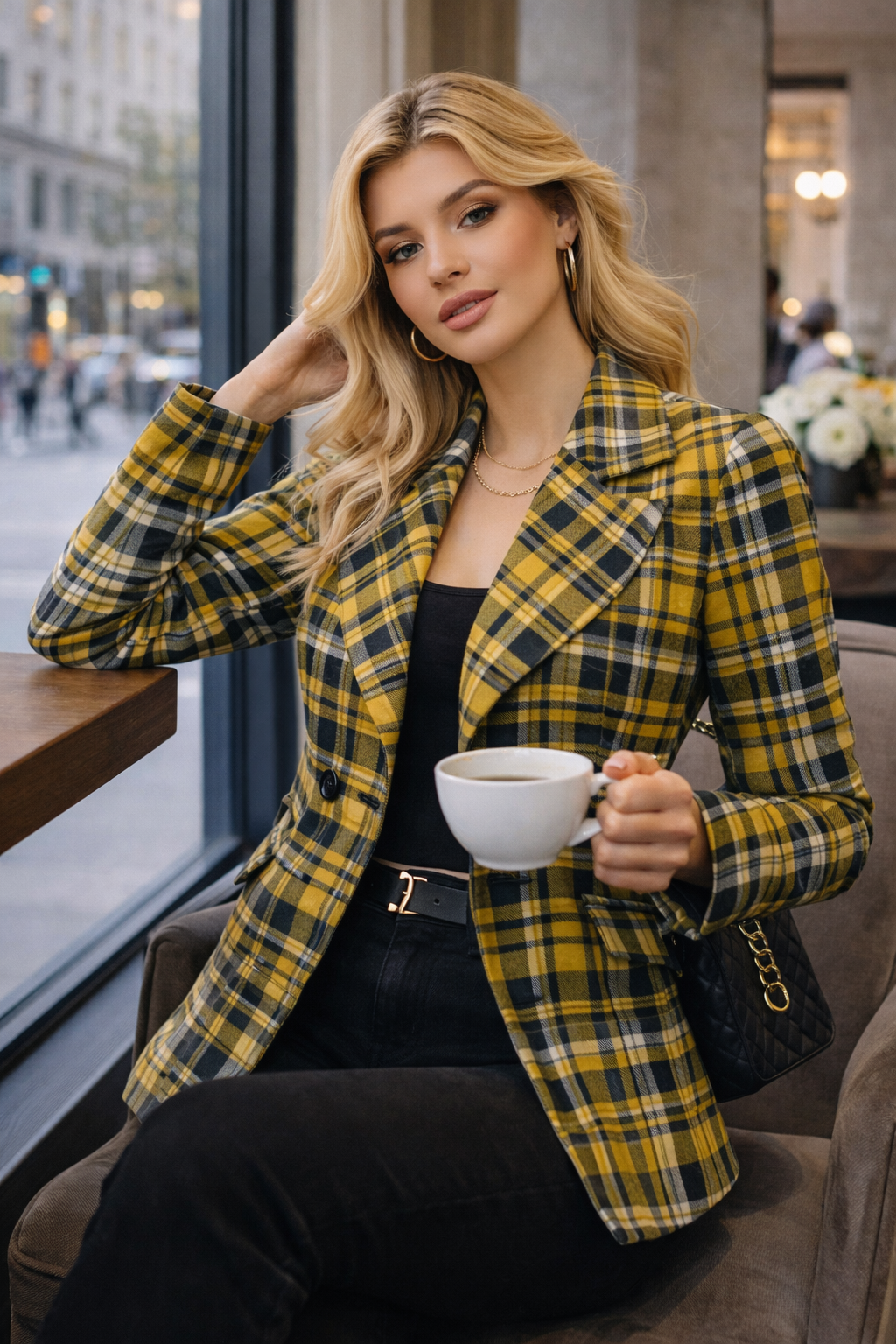Iowa Yellow and Black Tartan Plaid Women’s Blazer yellow, black, and neutral tartan plaid women blazer
