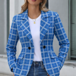 Blue and White Tartan Plaid Women’s Blazer