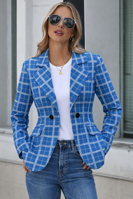 Blue and White Tartan Plaid Women’s Blazer