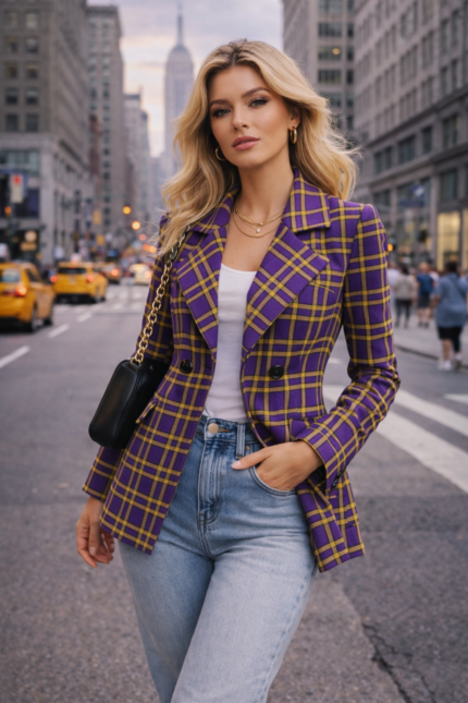 a striking purple and gold tartan plaid women blaizer pattern