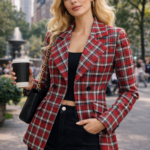 imeless red, black, and neutral tartan plaid eomen blazer