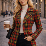 striking red, black, and gold tartan plaid women blazer pattern