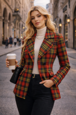 striking red, black, and gold tartan plaid women blazer pattern
