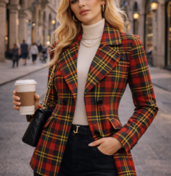 striking red, black, and gold tartan plaid women blazer pattern