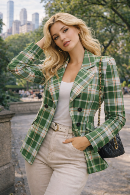 white green and cream plaid patternwomen blazer