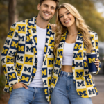 Michigan Style Blue Yellow Checkerboard Game Day Blazer – Men’s College Football Statement Jacket