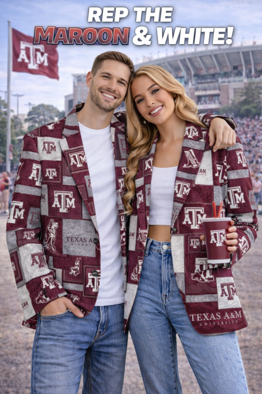 Texas A&M Aggies Casual Flat Lapel Collar Blazer – Maroon and White