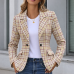 garnet and gold tartan plaid women’s blazer