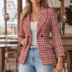 red and white tartan plaid women’s blazer