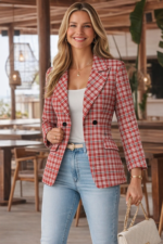 red and white tartan plaid women’s blazer