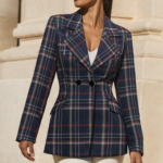 stylish, this navy blue and red tartan plaid women’s blazer
