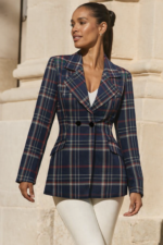 stylish, this navy blue and red tartan plaid women’s blazer