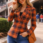 tartan plaid women’s blazer blends rich burnt orange and deep navy tones