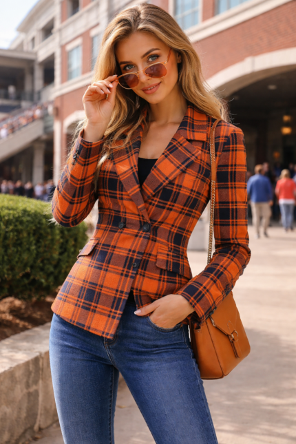 tartan plaid women’s blazer blends rich burnt orange and deep navy tones
