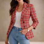tartan plaid women’s blazer captures the bold red and white color palette