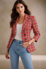 tartan plaid women’s blazer captures the bold red and white color palette