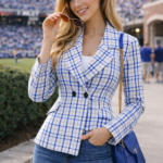 tartan plaid women’s blazer features a clean and elegant blend of royal blue and crisp white tones