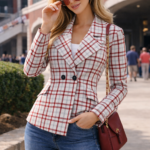 tartan plaid women’s blazer showcases a refined blend of crimson red and crisp white tones