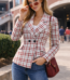 tartan plaid women’s blazer showcases a refined blend of crimson red and crisp white tones