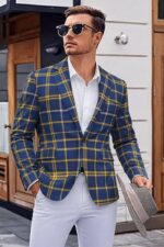🔵🟡⚪ West Coast Heritage Plaid Blazer – Men’s Smart Casual Statement Jacket