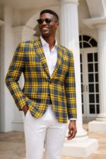 🔵🟡⚫ Berkeley Golden Heritage Plaid Blazer – Men’s Smart Casual Statement Jacket